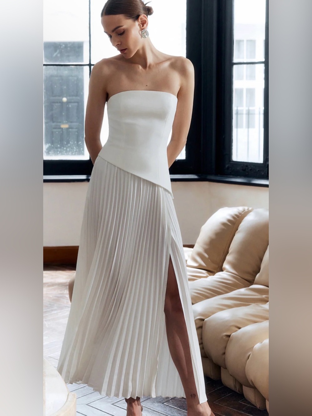 Elegant Strapless White Pleated Gown by Commense - Picture 2 of 2